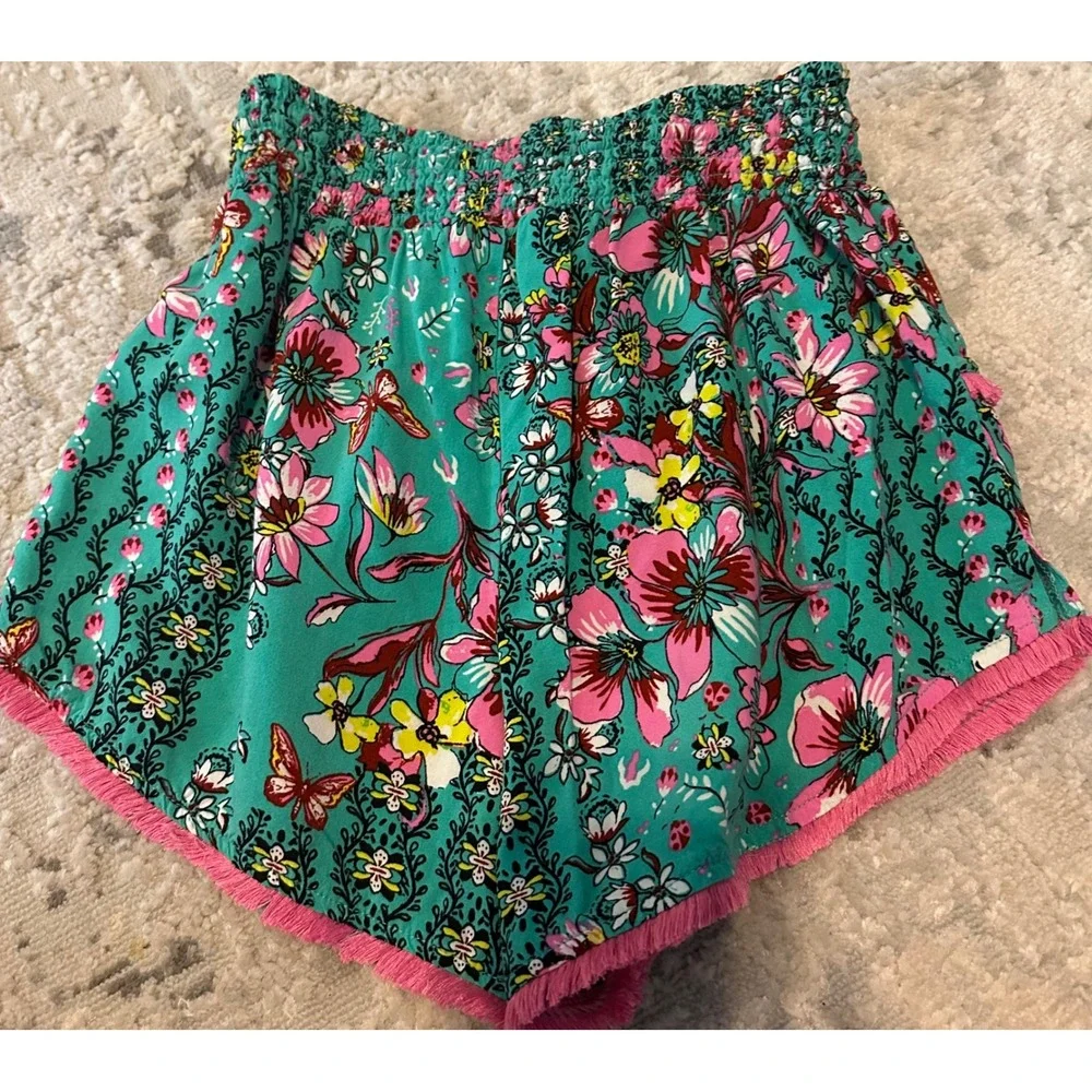 Jojoan Sleepwear Teal Floral Print Tassel Trim Smocked Waist Shorts‎